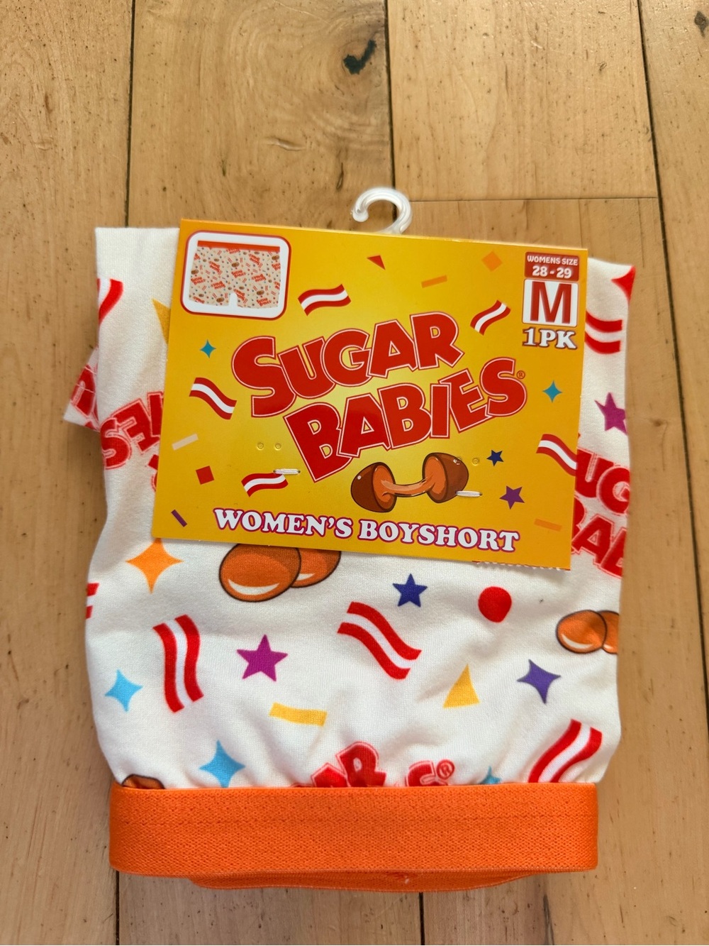 Sugar Babies Women's Boyshorts in White with Orange Trim and Multicolor Print